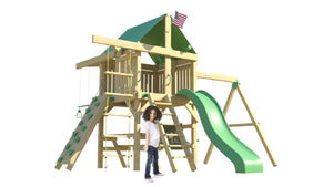 The Summit Swing Set: Space Saver Edition from The SwingSet Co. is great for an outdoor play area, backyard, or open area. It is great for outdoor activity family time and everyone to enjoy. The playset includes many accessories for endless fun. It is a 16' x 16' play set which consists of an extra large fort, belt swings, trapeze bar, 10’ wave slide, 6’ rock climbing wall, chalkboard, rope ladder, picnic table and under fort hammock.