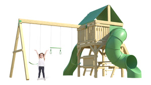 The Ultimate Swing Set from The SwingSet Co. is great for an outdoor play area, backyard, or open area. It is great for outdoor activity family time and everyone to enjoy. The playset includes many accessories for endless fun. It is a 17' x 19' play set which includes an extra large fort, belt swings, trapeze bar, 10’ wave slide, 6’ rock climbing wall, chalkboard, rope ladder, picnic table, 5’ tall spiral tube slide and under fort hammock.