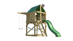The Pathfinder Swing Set from The SwingSet Co. is great for an outdoor play area, backyard, or open area. It is great for outdoor activity family time and everyone to enjoy. The playset includes many accessories for endless fun. It is a 13' x 11' play set which consists of an extra large fort, a belt swing, trapeze bar, 10' wave slide and an under fort hammock.