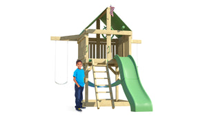 The Pathfinder Swing Set from The SwingSet Co. is great for an outdoor play area, backyard, or open area. It is great for outdoor activity family time and everyone to enjoy. The playset includes many accessories for endless fun. It is a 13' x 11' play set which consists of an extra large fort, a belt swing, trapeze bar, 10' wave slide and an under fort hammock.