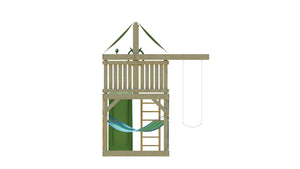 The Pioneer Swing Set from The SwingSet Co. is great for an outdoor play area, backyard, or open area. It is great for outdoor activity family time and everyone to enjoy. The playset includes many accessories for endless fun. It is a 13' x 8' play set which consists of an extra large fort, a belt swing, 10' wave slide and an under fort hammock.