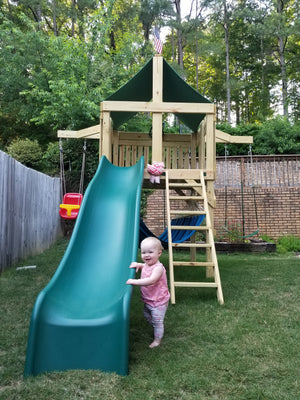 The Pathfinder Swing Set Space Saver Edition from The SwingSet Co. is great for family time and friends for outdoor play. It is a great small backyard playset with many accessories for multiple activities including an extra large fort, a belt swing, trapeze bar, 10' wave slide and an under fort hammock.