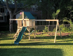 The Explorer Swing Set from The SwingSet Co. . is great for family time and outdoor play. It is a great backyard playset with many accessories including an extra large fort, belt swings, trapeze bar, 10' wave slide, 6’ rock climbing wall and under fort hammock.