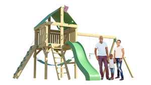 The Explorer Swing Set from The SwingSet Co. is great for an outdoor play area, backyard, or open area. It is great for outdoor activity family time and everyone to enjoy. The playset includes many accessories for endless fun. It is a 16' x 16' play set which consists of an extra large fort, belt swings, trapeze bar, 10' wave slide, 6’ rock climbing wall and under fort hammock.