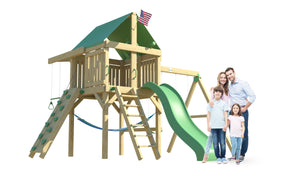 The Explorer Space Saver Swing Set from The SwingSet Co. is great for an outdoor play area, backyard, or open area. It is great for outdoor activity family time and everyone to enjoy. The playset includes many accessories for endless fun. It is a 16' x 16' play set which consists of an extra large fort, belt swings, trapeze bar, 10’ wave slide, 6’ rock climbing wall and under fort hammock.