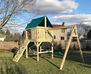 The Explorer Space Saver Swing Set from The SwingSet Co. is great for family time and friends for outdoor play. It is a great small backyard playset with many accessories including an extra large fort, belt swings, trapeze bar, 10’ wave slide, 6’ rock climbing wall and under fort hammock.