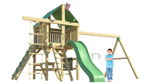 The Premier Swing Set with a slide from The SwingSet Co. is great for an outdoor play area, backyard, or open area. It is great for outdoor activity family time and everyone to enjoy. The playset includes many accessories for endless fun. It is a 16' x 19' play set which consists of an extra large fort, belt swings, trapeze bar, 10’ wave slide, 6’ rock climbing wall, chalkboard, rope ladder, picnic table and under fort hammock.