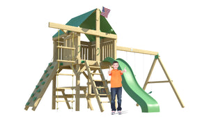 The Summit Swing Set from The SwingSet Co. is great for an outdoor play area, backyard, or open area. It is great for outdoor activity family time and everyone to enjoy. The playset includes many accessories for endless fun. It is a 13' x 19' play set which consists of an extra large fort, belt swings, trapeze bar, 10’ wave slide, 6’ rock climbing wall, chalkboard, rope ladder, picnic table and under fort hammock.