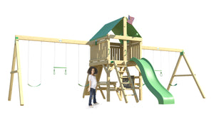 The Swing Extreme Swing Set from The SwingSet Co. is great for an outdoor play area, backyard, or open area. It is great for outdoor activity family time and everyone to enjoy. The playset includes many accessories for endless fun. It is a 17’ x 25’ play set which consists of an extra large fort, belt swings, trapeze bars, 10’ wave slide, 6’ rock climbing wall, chalkboard and picnic table.