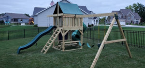 The Ultimate swing set from The SwingSet Co. is an amazing set for outdoor endless fun. Anywhere in your yard or backyard, this play set will allow your kids to create their own adventures on a fort, 10 ft wave slide, 5 ft spiral slide, under for picnic table and chalkboard, rope ladder, a climbing wall with rope, 2 belt swings, and a trapeze.