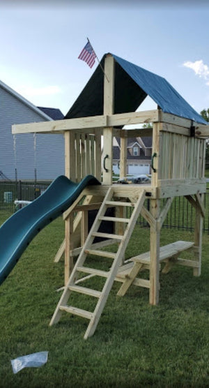 The Ultimate swing set from The SwingSet Co. is an amazing set for outdoor endless fun. Anywhere in your yard or backyard, this play set will allow your kids to create their own adventures on a fort, 10 ft wave slide, 5 ft spiral slide, under for picnic table and chalkboard, rope ladder, a climbing wall with rope, 2 belt swings, and a trapeze.