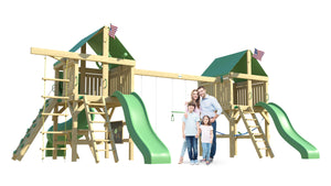 The Twin Peaks Swing Set from The SwingSet Co. is great for an outdoor play area, backyard, or open area. It is great for outdoor activity family time and everyone to enjoy. The playset includes many accessories for endless fun. It is a 17’ x 27’ play set which consists of two extra large forts, belt swings, trapeze bar, two 10’ wave slides, 6’ rock climbing wall, chalkboard, rope ladder, picnic table, under fort hammock and a 5’ tall spiral tube slide.